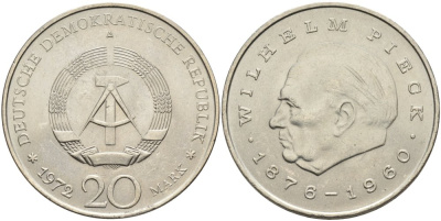ГДР 20 марок 1972 А, Вильгельм Пик (1876-1960) KM 42 медно-никель UNC 4558-625