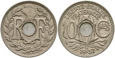 Франция 10 сантимов 1937 KM 866a медно-никель 51-2836
