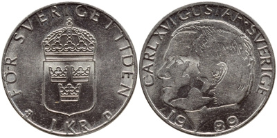 Швеция 1 крона 1989 Карл XVI Густав (1973- ) KM 852a медно-никель 4398-1157