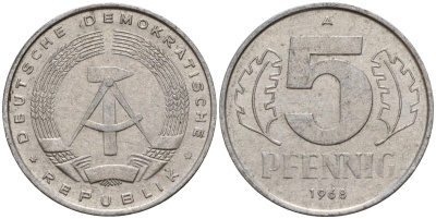 ГДР 5 пфеннигов 1968 A KM 9.1 алюминий 211-917