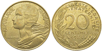 Франция 20 сантимов 1984 тип Marianne KM 930, Le Franс 156.24 медь алюминий никель 175-854
