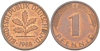ФРГ 1 ПФЕННИГ 1988 G KM 105, J. 380 сталь плакированная медью 4181-668