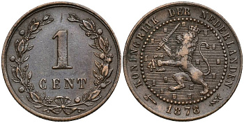 Нидерланды 1 цент 1878 Виллем III (1849-1890) KM 107 бронза 4549-1031
