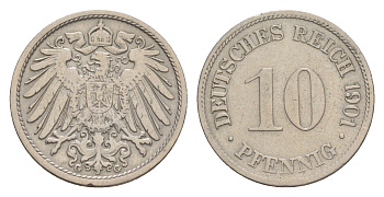 Германия 10 пфеннигов 1901 G, Вильгельм II (1888-1918) KM 12, J. 13 медно-никель 4640-254