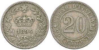 Италия 20 чентезимо 1894 KB, Умберто I (1878-1900) KM 28 медно-никель 4615-623