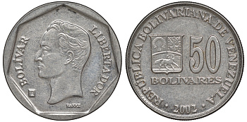 Венесуэла 50 боливаров 2002 Y 82 сталь плакированная никелем 4606-543
