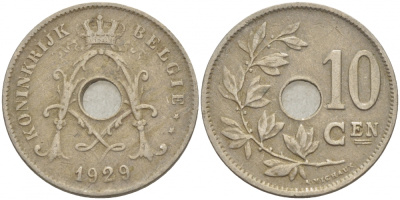 БЕЛЬГИЯ 10 САНТИМОВ 1929 BELGIE KM 86 медно-никель 4529-127