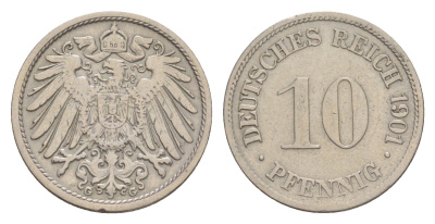Германия 10 пфеннигов 1901 G, Вильгельм II (1888-1918) KM 12, J. 13 медно-никель 4640-254