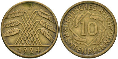 Германия 10 рентенпфеннигов 1924 J KM 33, J. 309, Weege 8 алюминиевая бронза 08-926