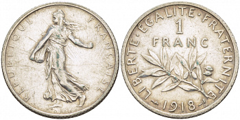 ФРАНЦИЯ 1 ФРАНК 1918 СЕЯТЕЛЬ KM 844.1, LE FRANC 217.24 серебро 213-1212