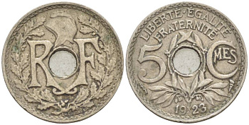 ФРАНЦИЯ 5 САНТИМОВ 1923 tb, ТИП ЛИНДАЙЁ, МОНЕТНЫЙ ДВОР ПУАССИ, МОЛНИЯ KM 875, LE FRANC 122.7 медно-никель 4551-322