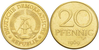 ГДР 20 пфеннигов 1969 A, первый год KM 11 латунь 117-751