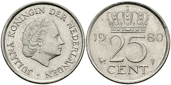НИДЕРЛАНДЫ 25 ЦЕНТОВ 1980 ЮЛИАНА KM 183 никель 96-258