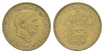 Дания 1 крона 1958 C, Фредерик IX (1947-1972) KM 837 алюминиевая бронза 4638-735