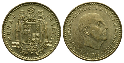 Испания 1 песета 1966 (74) Франсиско Франко (1939-1975) KM 796 алюминиевая бронза 89-1133