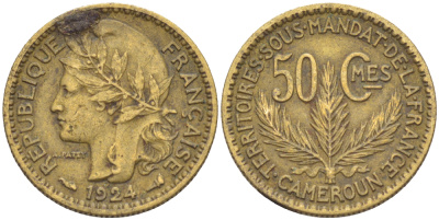 Французский Камерун 50 сантимов 1924 (а), монетный двор Париж KM 1 алюминиевая бронза 71-1545