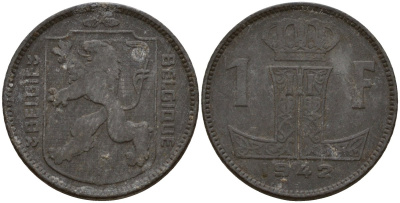 Бельгия 1 франк 1942 Belgique - Belgie, Леопольд III (1934-1947), германская оккупация, Вторая мировая война KM 127 цинк 4161-445