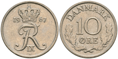 Дания 10 эре 1967 C; S, Фредерик IX (1947-1972) KM 849.1 медно-никель UNC 08-1442
