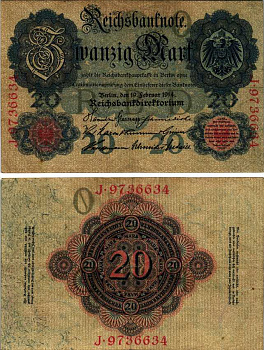 ГЕРМАНИЯ 20 МАРОК 1914 19 ФЕВРАЛЯ 1914, СЕМЬ ЦИФР В НОМЕРЕ СЕРИИ Pick 46b бумага 6293-58-3-1