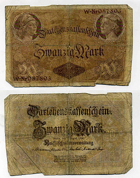 ГЕРМАНИЯ 20 МАРОК 1914 6 значный номер Pick 48 a бумага 6293-59-2