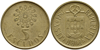 ПОРТУГАЛИЯ 5 ЭСКУДО 1987 KM 632 никель латунь 4395-925