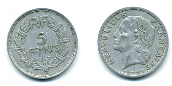 Франция 5 франков 1947 B, открытая 9, тип Лаврийе KM 888b.2, Le Franc 339.11 алюминий 25-643