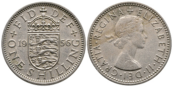 Великобритания 1 шиллинг 1956 Елизавета II (1952-2022), Английский герб KM 904, Spink 4147 медно-никель 86-926