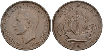 Великобритания 1/2 пенни 1947 Георг VI (1936-1952) KM 844, Spink 4115 бронза 190-756