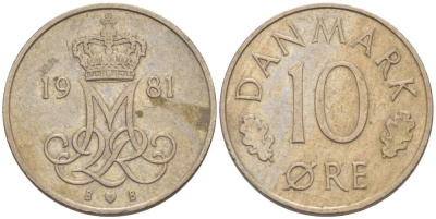 ДАНИЯ 10 ЭРЕ 1981 B; B, МАРГРЕТЕ II (1972-) KM 860.2 медно-никель 4387-1226
