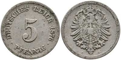 ГЕРМАНИЯ 5 ПФЕННИГОВ 1876 G, СТАРОГЕРБОВКА KM 3, J.3 медно-никель 4387-747