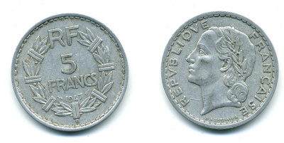 Франция 5 франков 1947 B, открытая 9, тип Лаврийе KM 888b.2, Le Franc 339.11 алюминий 25-643