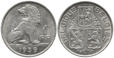 Бельгия 1 франк 1939 Леопольд III (1934-1950), Belgique-Belgie, лев KM 119 никель 34-1133