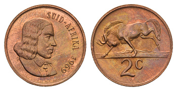 ЮАР 2 цента 1969 Ян ван Рибек (1619-1677), Suid Africa, легенда на африкаанс, антилопа гну KM 66.2 бронза UNC 4693-244