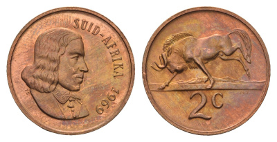 ЮАР 2 цента 1969 Ян ван Рибек (1619-1677), Suid Africa, легенда на африкаанс, антилопа гну KM 66.2 бронза UNC 4693-244
