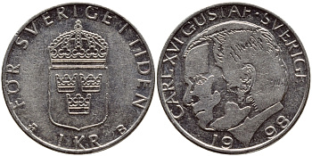 Швеция 1 крона 1998 Карл XVI Густав (1973- ) KM 852a медно-никель 4622-322