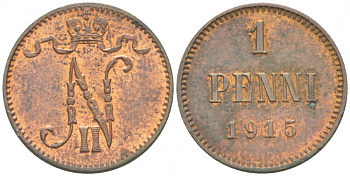 РОССИЯ ДЛЯ ФИНЛЯНДИИ 1 ПЕННИ 1915 НИКОЛАЙ II KM 13, Биткин 475 медь 261-1154