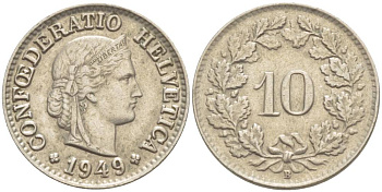 ШВЕЙЦАРИЯ 10 РАППЕНОВ 1949 В KM 27 медно-никель 216-1242