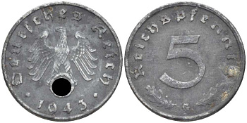 ГЕРМАНИЯ 5 РЕЙХСПФЕННИГОВ 1943 G KM 100, J. 370 цинк 105-265