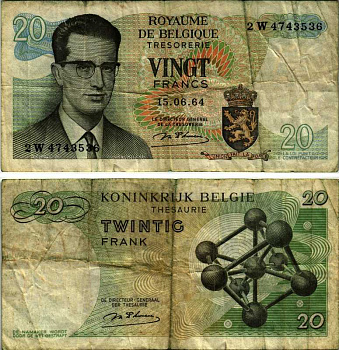 Бельгия 20 франков 1964 Бодуэн I, атомиум, d Haeze Pick 138 (1) бумага 8564-16-1