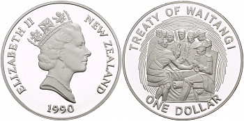 Новая Зеландия 1 доллар 1990 годовщина заключения Вайтангского договора, Елизавета II (1952-2022), в оригинальной коробке KM 76a серебро PROOF 3-4-2-24
