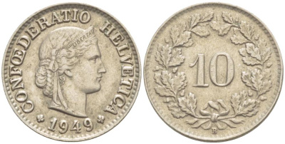ШВЕЙЦАРИЯ 10 РАППЕНОВ 1949 В KM 27 медно-никель 216-1242