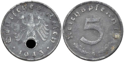 ГЕРМАНИЯ 5 РЕЙХСПФЕННИГОВ 1943 G KM 100, J. 370 цинк 105-265