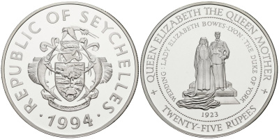 Сейшельские острова 25 рупий 1994 серия королева Елизавета - королева мать, свадьба в 1923 году с графом Йоркским KM 79 серебро PROOF 1095-10-51
