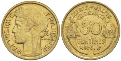 ФРАНЦИЯ 50 САНТИМОВ 1941 ТИП MORLON KM 894.1, LE FRANC 192.18 алюминиевая бронза 44-637