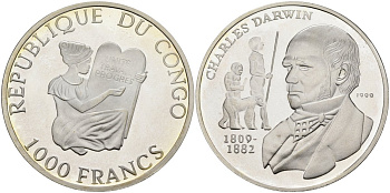Конго 1000 франков 1999 Чарльз Дарвин KM 43 серебро PROOF 00-000-00