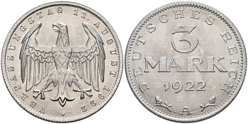 Германия 3 марки 1922 А, третья годовщина Веймарской Конституции KM 29, J.303 алюминий UNC 4574-743