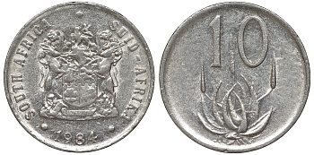 ЮАР 10 центов 1984 герб, цветок алоэ KM 85 никель 51-2253