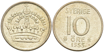 Швеция 10 эре 1955 TS, Густав VI Адольф (1950-1973) KM 823 серебро 192-146
