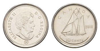 Канада 10 центов 2010 Leaf, Елизавета II (1952-2022), парусник KM 492 сталь плакированная никелем aUNC 4647-1025