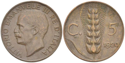 ИТАЛИЯ 5 ЧЕНТЕЗИМО 1920 R, МОНДВОР РИМ, ВИКТОР ЭММАНУИЛ III (1900-1946) KM 59 медь 4525-132
